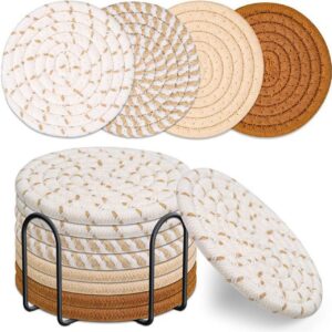 Drink Coasters with Holder, 4 Colors Absorbent Coasters for Drinks, 8 PCS Cup Cotton Woven Set for Coffee Table Home Decor Tabletop Protection